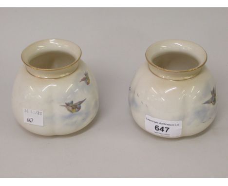 Pair of small Royal Worcester lobed squat baluster vases, painted with blue tits, 3.25ins highIn good condition, no damages o