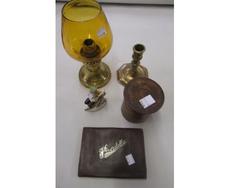 White metal mounted leather wallet, treenware spice box, porcelain figure and two brass lamp bases 