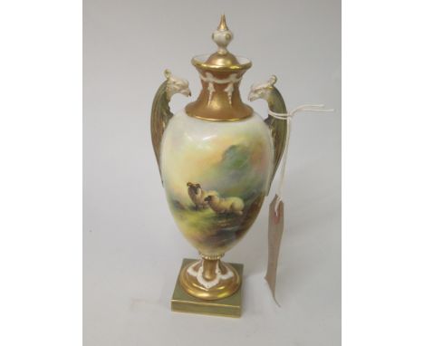 Small Royal Worcester two handled pedestal vase and cover, painted with sheep in a landscape by Barker, date code for 1902, 7