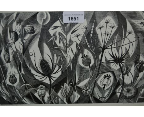 Monica Poole, black and white woodcut print titled ' Design with Pericarps ', No. 44 of 50, 8ins x 13ins 