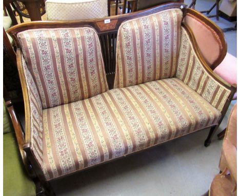 Edwardian beechwood line and marquetry inlaid two seat drawing room sofa, on square tapered supports with spade feet 