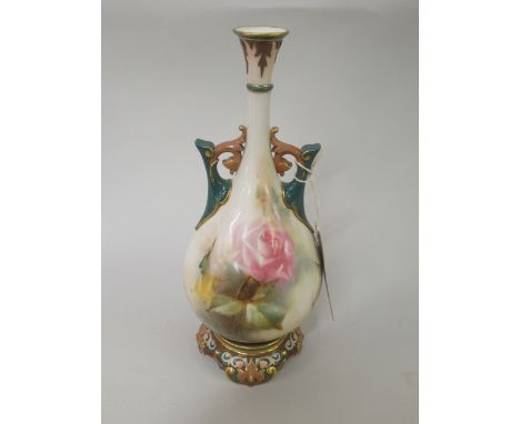 Hadley's Worcester two handled baluster vase with narrow neck and ornate base, painted with pink roses, 9.25ins highSome mino