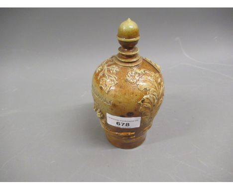 19th Century salt glazed moneybox, inscribed George Goodwin, December 9th 1842 with relief moulded, vine, hunting dog and che