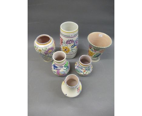 Poole pottery group of six various vases, all with impressed mark, 5ins to 9ins in height 