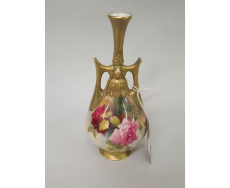 Royal Worcester two handled baluster vase, painted with red roses, (repair to neck), 8ins high 