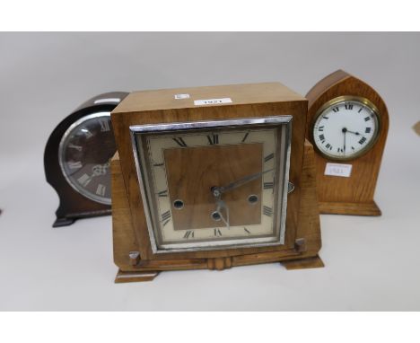 1930's Walnut three train mantel clock, together with an oak two train mantel clock and am Edwardian lancet shaped mantel clo