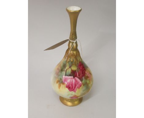 Royal Worcester baluster form vase with narrow neck, painted red and pink roses by Sedgley, date code for 1922, 9.5ins highSo