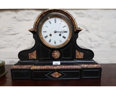 Large 19th Century French black slate and rouge marble mantel clock, the enamel dial with Roman numerals and two train moveme