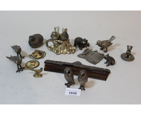 Pair of plated condiments in the form of owls, a ladies chain link evening purse, various small plated figures of animals etc