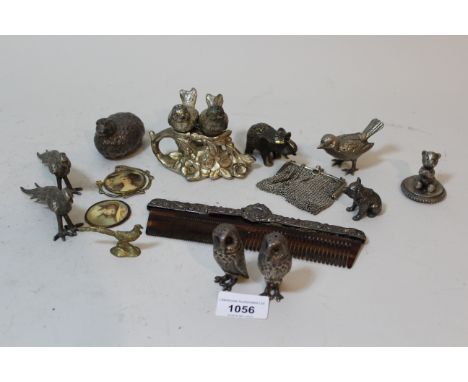 Pair of plated condiments in the form of owls, a ladies chain link evening purse, various small plated figures of animals etc