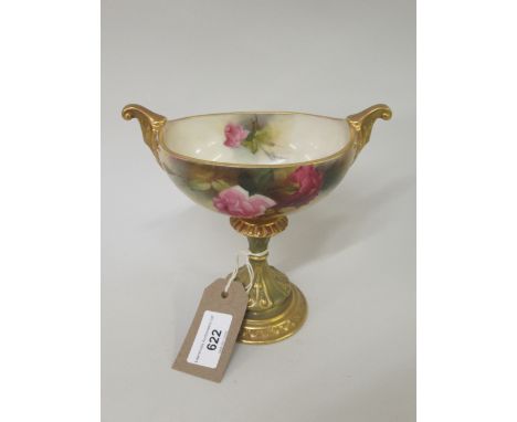 Royal Worcester boat shaped two handled pedestal vase, painted with roses on a gilt and enamel base, date code 1905, 6.25ins 