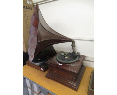 Mahogany cased wind-up gramophone by Dulcephone with original faceted wooden hornHorn is in good condition, no damage or rest