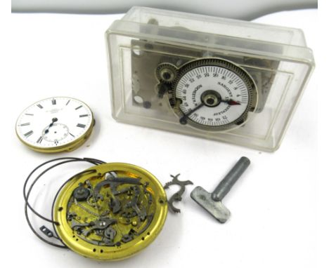 Two 19th Century pocket watch movements by Dent and unnamed, together with an American Sargent & Greenleaf safe time clock 
