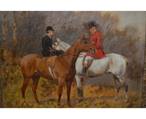 George Wright, oil on board, a huntsman and woman on horseback in a landscape, singed G. Wright, 5.75ins x 7.25ins approximat