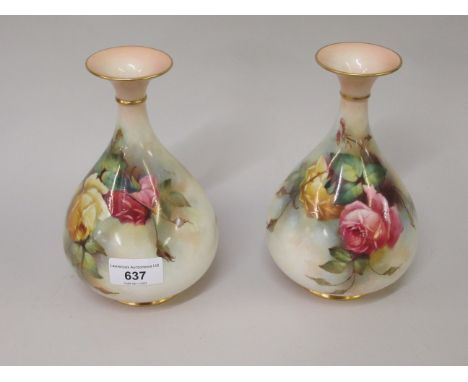 Pair of Royal Worcester J. Hadley monogram vases, with flared rims and baluster bodies, painted with red and yellow rose, 7.2