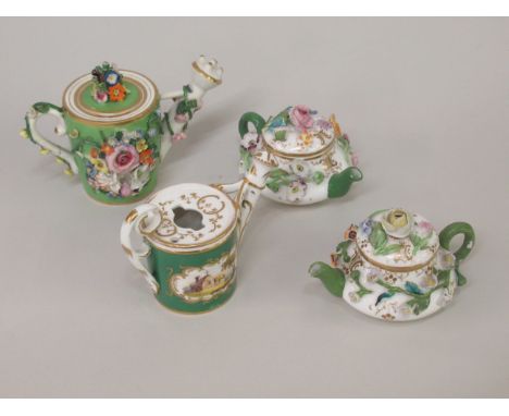 Duesbury Derby miniature floral encrusted sander, together with another similar, painted with a landscape and two miniature f