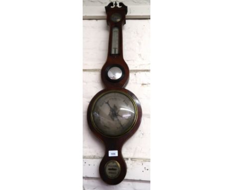 19th Century mahogany boxwood line inlaid wheel barometer, with silvered dialsDial needs cleaning, case needs cleaning and po