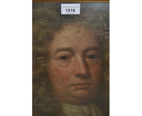 18th Century English school, oil on canvas, portrait of a bewigged gentleman (fragment from a larger picture), 11ins x13ins a