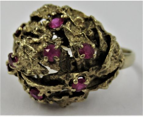 9ct Yellow gold ruby set cluster dress ring, size 'M' 