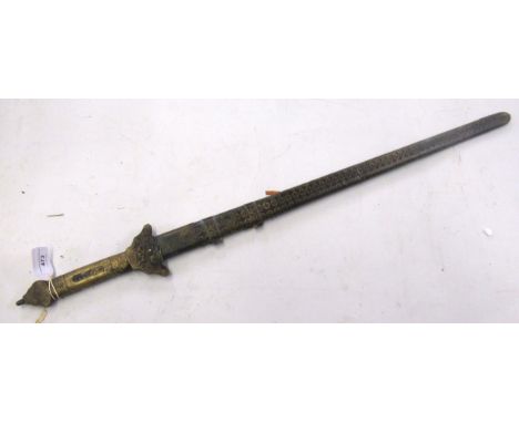 Eastern sword with brass grip and gilt decorated scabbard 