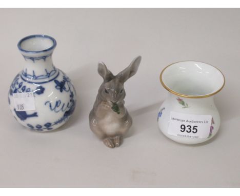 Miniature Meissen floral painted vase, together with a Royal Copenhagen figure of a rabbit and a small blue and white baluste