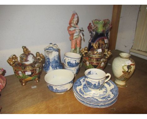 Pair of Japanese porcelain koros, Satsuma pottery vase, Victorian vase , Bisque figure and a Johnson Brothers blue and white 