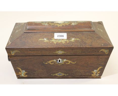 19th Century rosewood marquetry inlaid sarcophagus shaped tea caddy, (for restoration) 