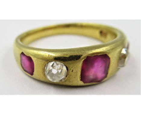 19th Century gold five stone ruby and diamond set gypsy ring, 6g, size 'K.5'Only marked JL. Some small chips to rubies and di