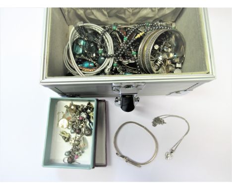 Silver heart shaped pendant on chain, another silver chain, a silver bangle and a quantity of costume jewellery 
