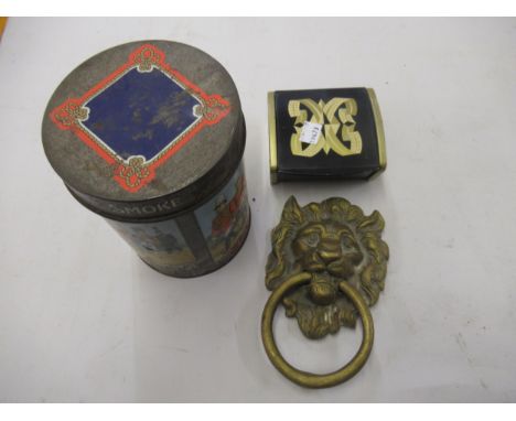 Marcella All Ranks cigar can, small metal box and a brass lion's head door knocker 