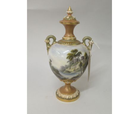 Royal Worcester two handled pedestal vase and cover, painted with a castle in a landscape, by G. Johnson, 9.75ins highSome mi