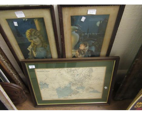 Framed map, ' Plan of Tunbridge Wells ' reduced from Ordnance Survey, together with two framed coloured prints ' Honeymooning
