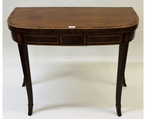 19th Century mahogany D shaped card table with green baize lined interior raised on square and tapering splay supports, 28.5i