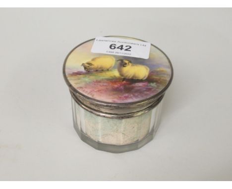 Glass and silver mounted powder jar, the cover inset with a Royal Worcester plaque, painted with sheep in a landscape by Bark