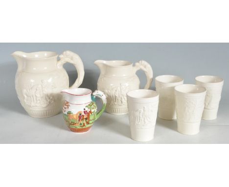 A collection of vintage 20th century monochrome Wedgwood Dye Ken John Peel ceramic jugs comprising of two jugs and four beake