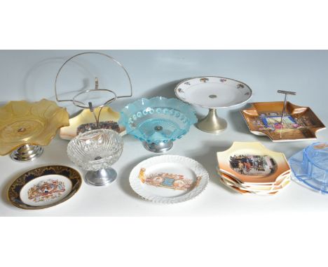 A collection of 20th century ceramic ware to include cake plates and stand of various shapes and sizes, cut glass Art Deco st
