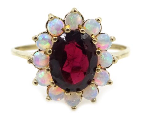 Garnet and opal gold cluster ring, hallmarked 9ct Condition Report Approx 1.7gm, size P-QClick here for further images, condi