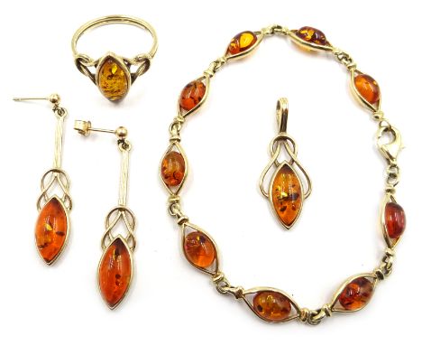 9ct gold amber link bracelet, pendant, pair ear-rings and ring hallmarked Condition Report ring size Q-R 2.9gmClick here for 