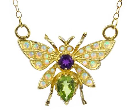 Silver-gilt peridot, amethyst and opal butterfly pendant necklace, stamped 925 Condition Report Click here for further images