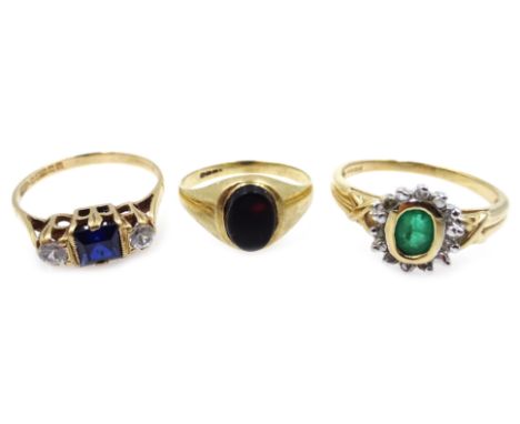 Emerald and diamond cluster ring, sapphire dress ring, onyx ring all hallmarked 9ct Condition Report emerald size P 2.4gmsapp