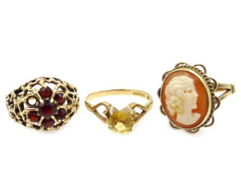 Gold cameo ring, garnet cluster ring and single stone citrine ring, all hallmarked or stamped 375 Condition Report Approx 10g