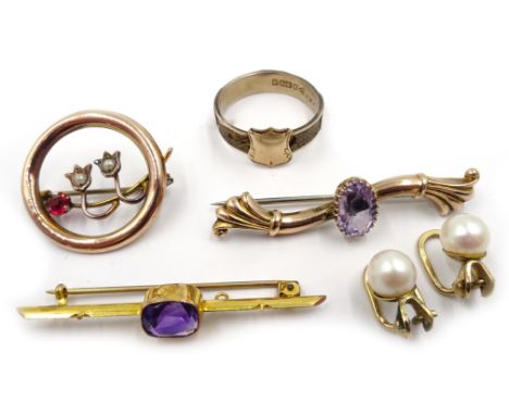 Amethyst 9ct gold brooch, similar amethyst brooch, circular pearl brooch, pair 9ct gold pearl ear-rings and a mourning ring C