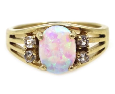 Gold opal and white topaz ring, hallmarked 9ct Condition Report Approx 3.6gm, size M - NClick here for further images, condit