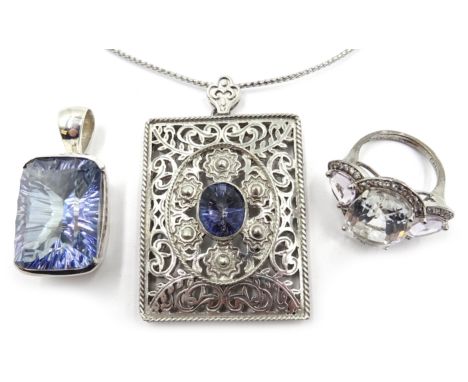 Silver blue quartz pendant, white quartz dress ring and stone set pendant necklace, all stamped 925 Condition Report Click he