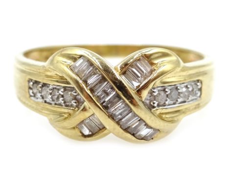 Gold baguette and round brilliant cut diamond ring, hallmarked 9ct Condition Report Approx 2.7gm, size P-QClick here for furt