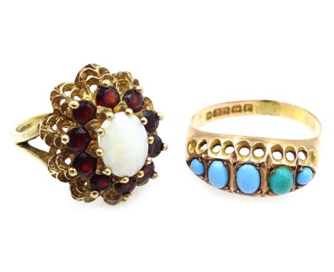 Opal and garnet cluster ring and an early 20th century turquoise ring both hallmarked 9ct Condition Report opal size N 4.6gmt