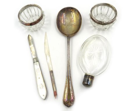 Silver table spoon, ladies cut glass hip flask, pair cut glass salts with silver rims, mother-of-pearl fruit knife, dip pen w