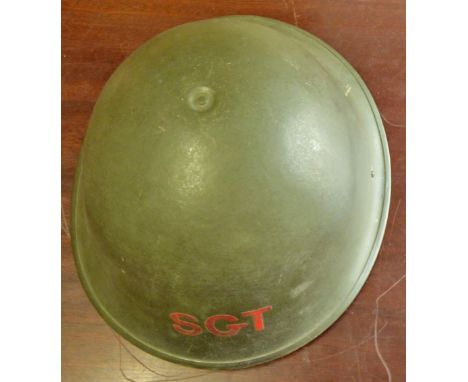 British 1950's Mk III Turtle helmet, Marked SGT on the front in red letters, named to Sgt. Duntice