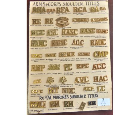 British WWI/II Arms and Corps Shoulder Titles (45) Including: Royal Horse Artillery, Royal Garrison Artillery, Royal Corps of