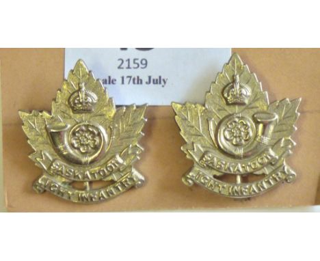 Canadian Saskatoon Light Infantry, KC (w/M) Collar badge pair. An excellent Officers pair, left and right facing.